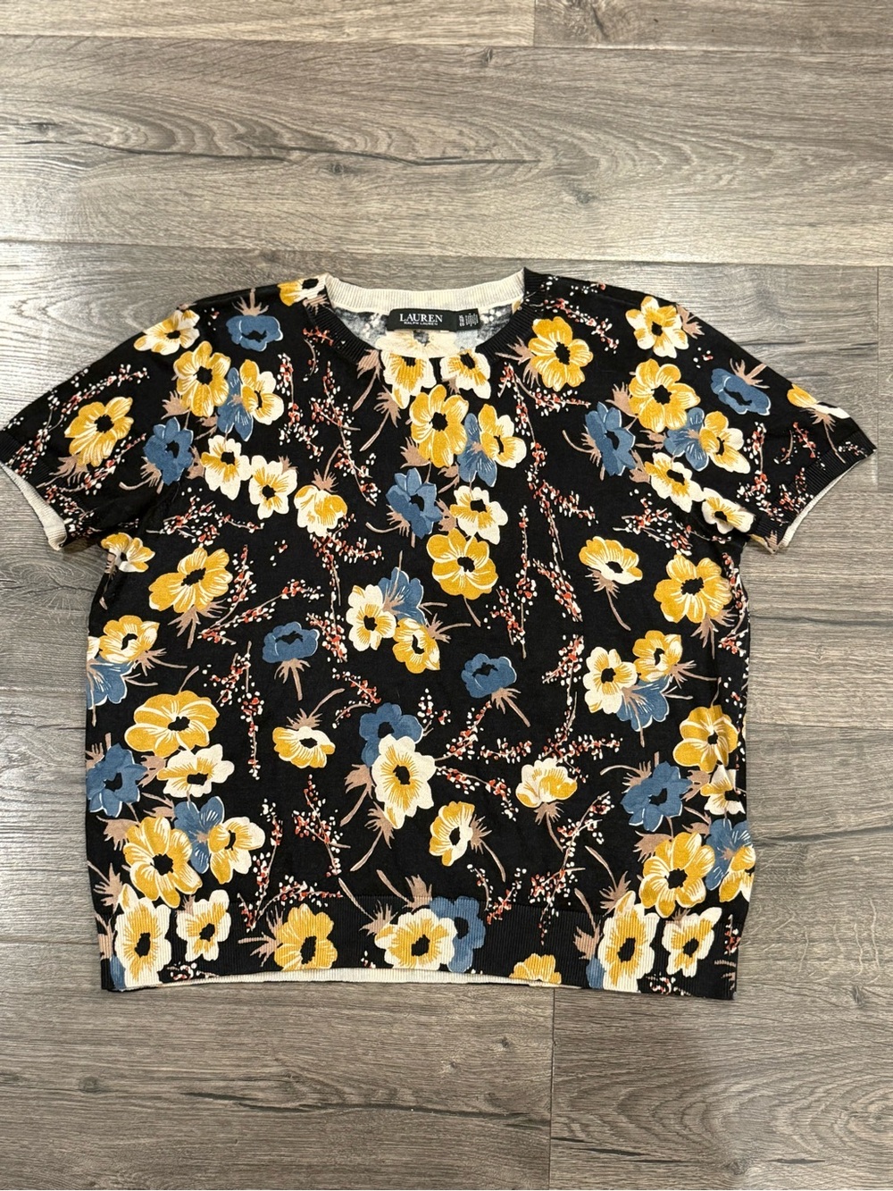 Lauren Ralph Lauren Black Short Sleeve Floral Knit Top Blue and Yellow Blooms